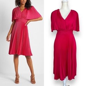 New Express Plisse Pleated V-Neck Midi Dress in Energy Pink | Size Extra Small